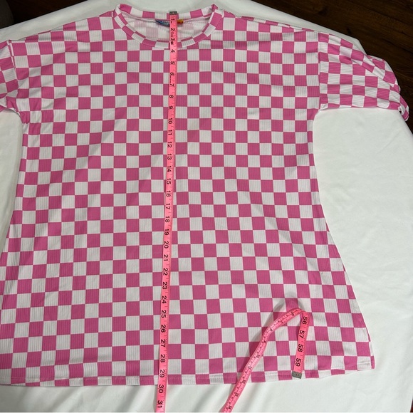 Freckled Poppy Neon Pink Checkered Pattern Ribbed Knit Short Sleeve Top Sz L - Picture 10 of 11